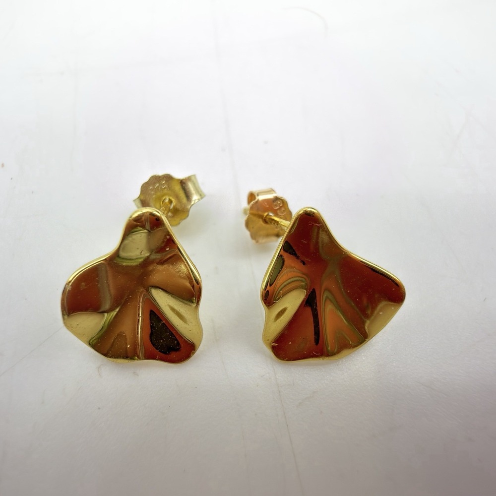Vtg 925 Sterling Silver Abstract Leaf Earrings Stud Gold Plated Modernist
